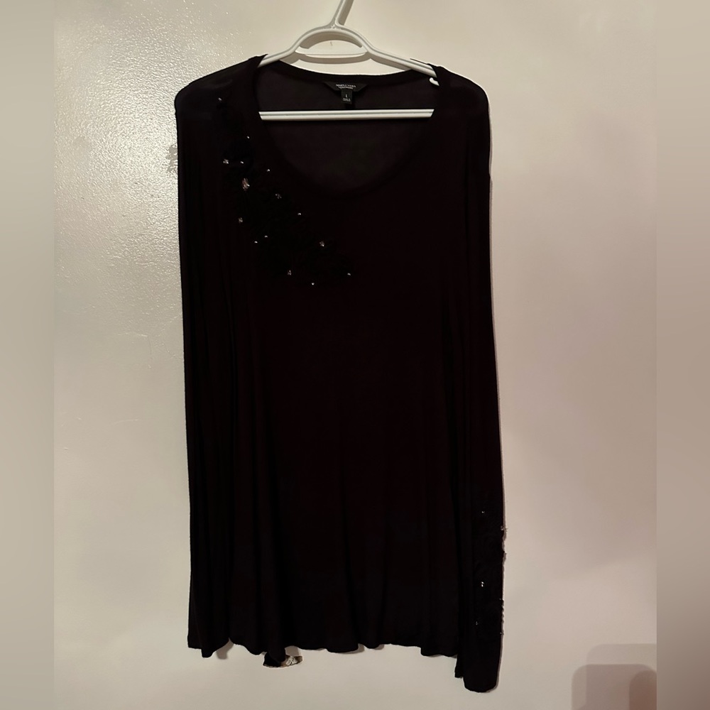 Simply Vera Wang Long Tunic Blouse Black with Floral Motif Size Large